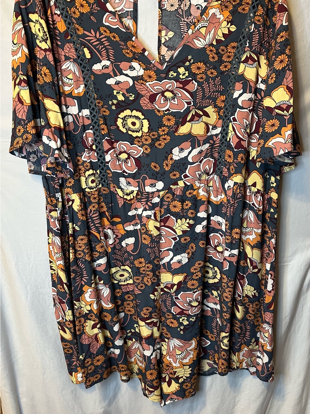 Women's Floral V-Neck Tunic in Black with Rust & Mustard Accents free earrings